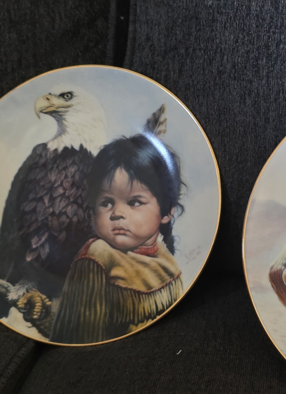 Collectible Decorative Plate with Young Child and Eagle Artwork - Gold Rim